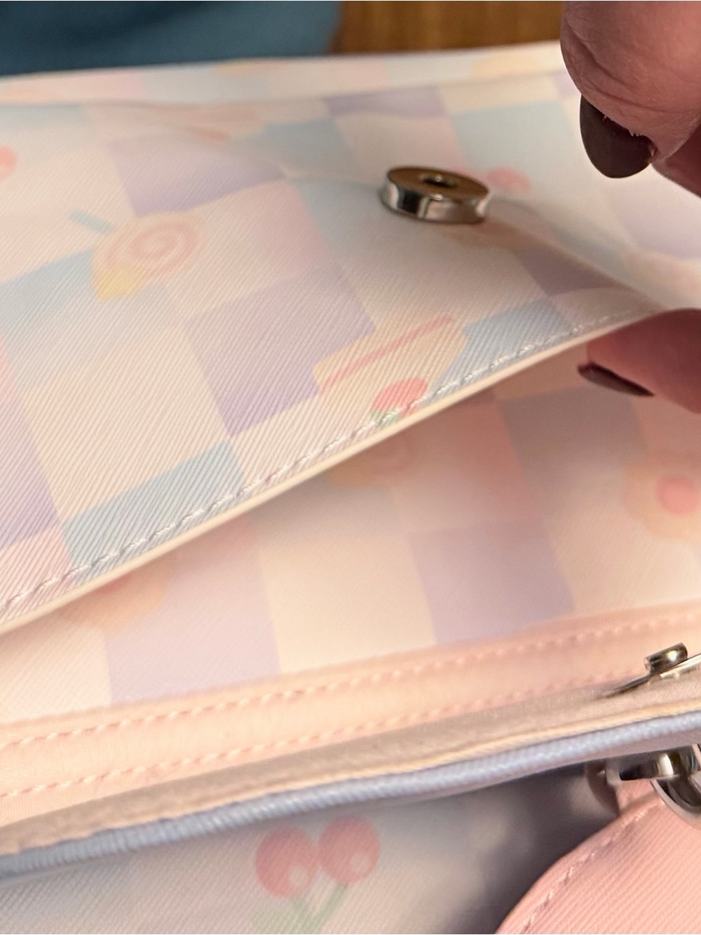 Pastel Cherry Check Mini Backpack with Kirby Coin Purse - Pink & Light Blue - Picture 5 of 5